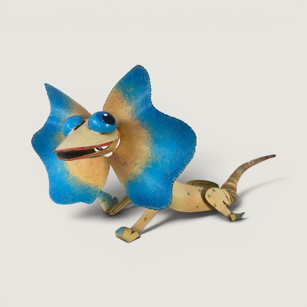Frilled Lizard Figurine Metal Art Blue Tan Statue Reptile Sculpture Decor